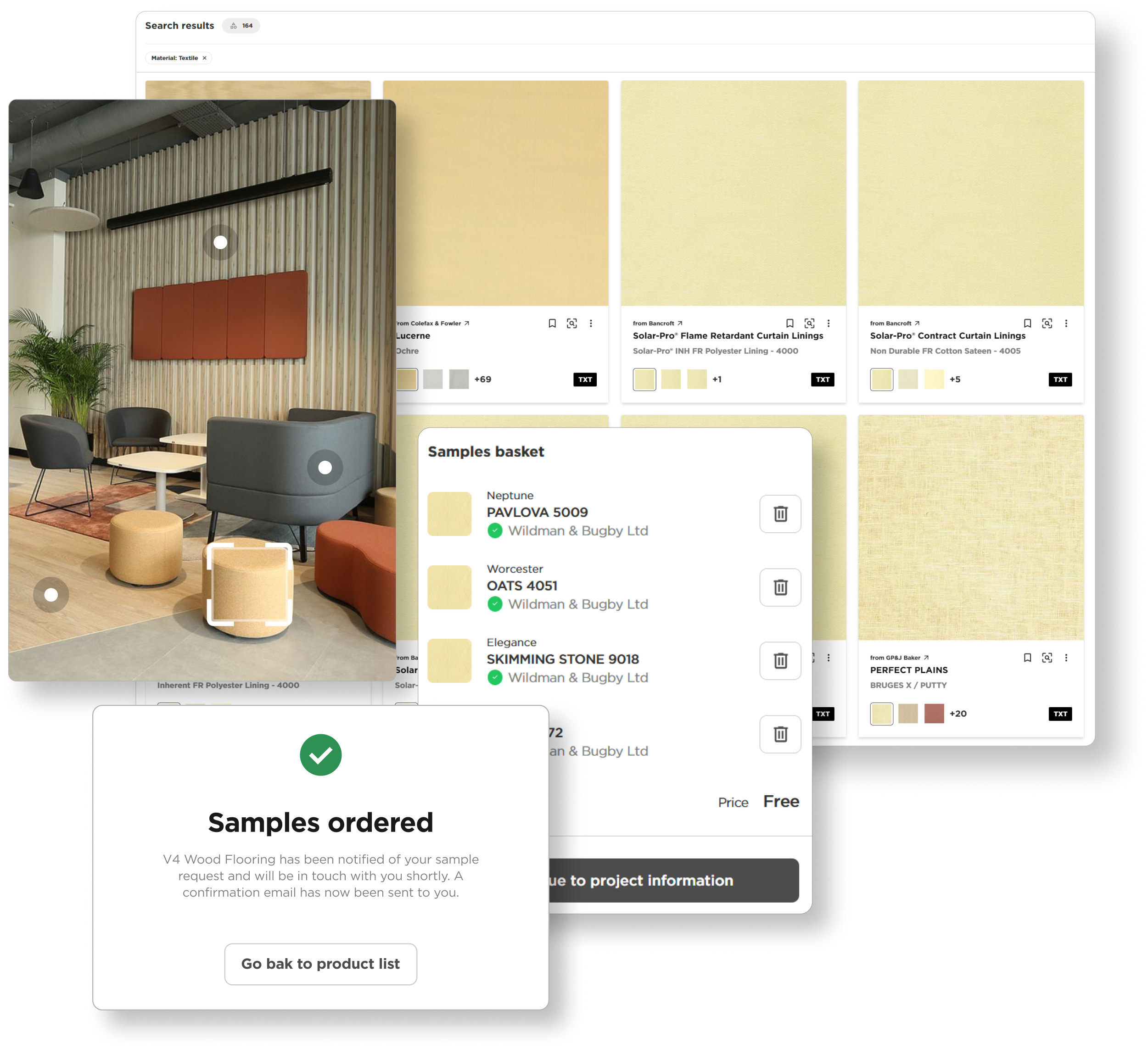 Search interface displaying filtered product results using fabric search by image and AI-powered similar product recommendations from distributor catalogs.