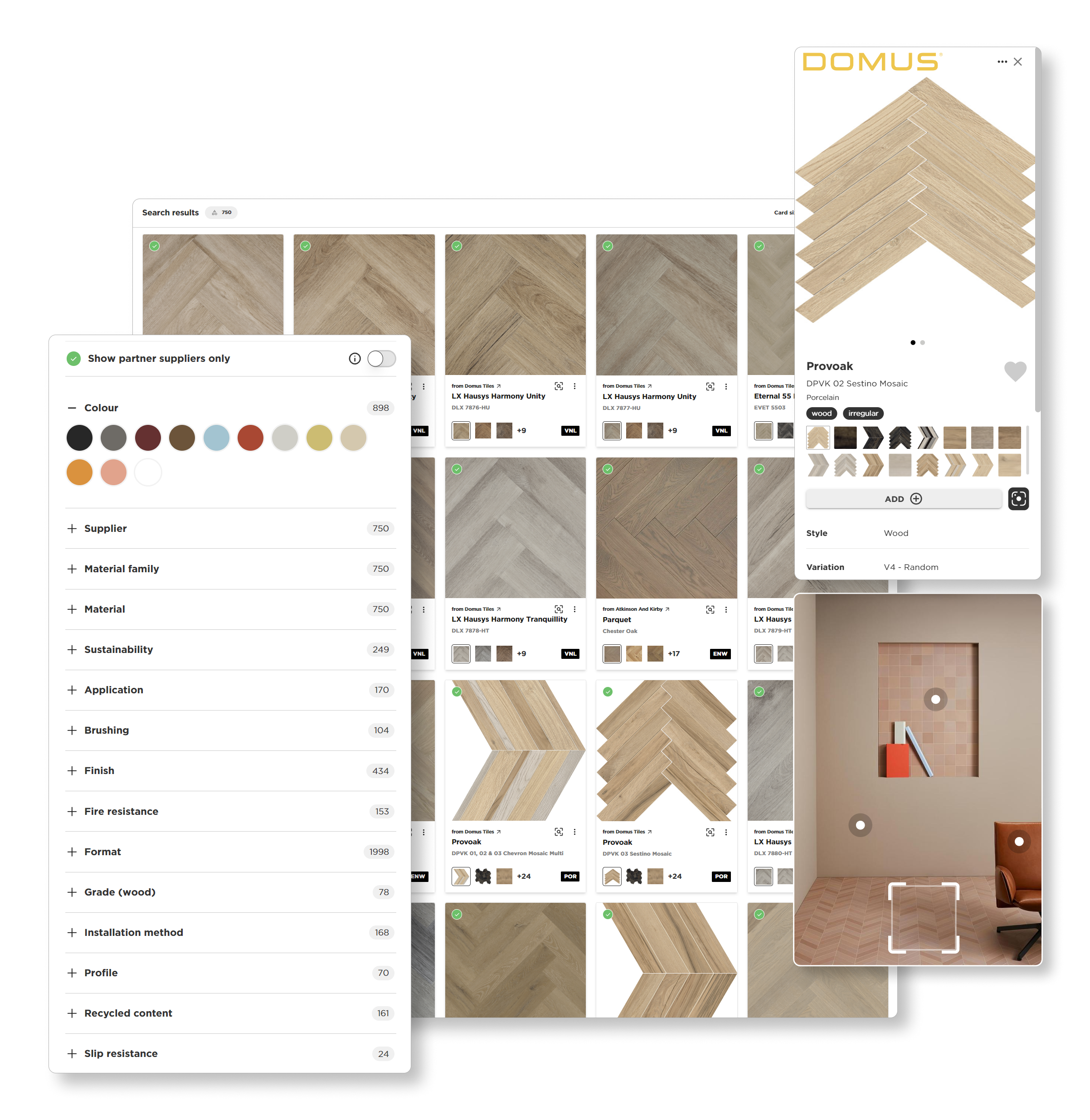 Product results page with contextual filters and image-based search, powered by an AI product finder and similar product engine.